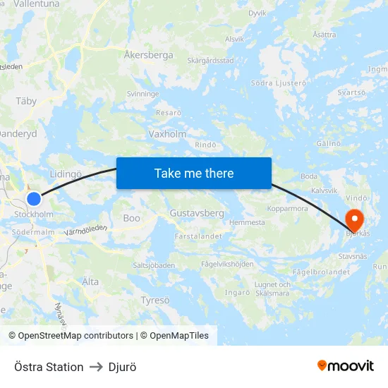 Östra Station to Djurö map