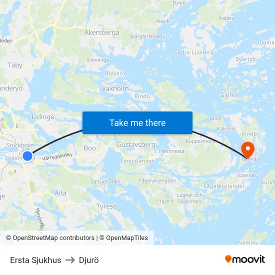 Ersta Sjukhus to Djurö map