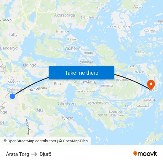 Årsta Torg to Djurö map