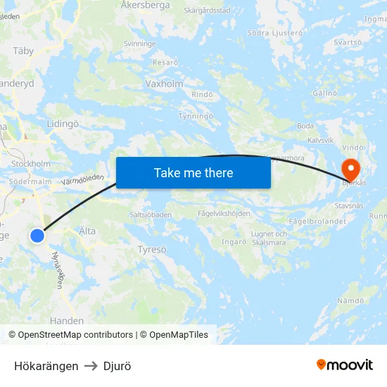 Hökarängen to Djurö map
