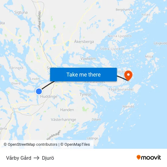 Vårby Gård to Djurö map