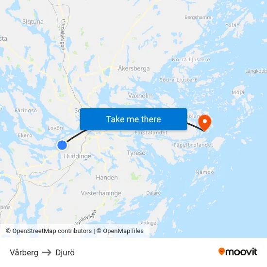 Vårberg to Djurö map