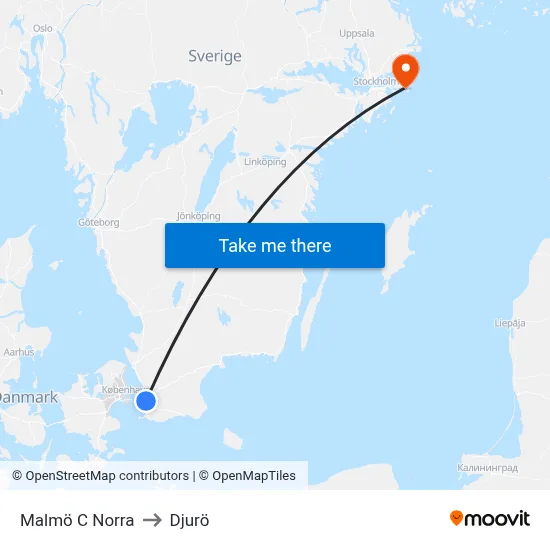 Malmö C Norra to Djurö map
