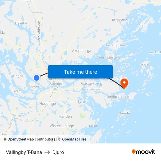 Vällingby T-Bana to Djurö map