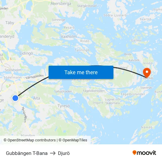 Gubbängen T-Bana to Djurö map