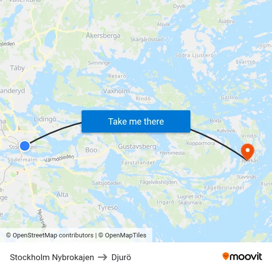 Stockholm Nybrokajen to Djurö map