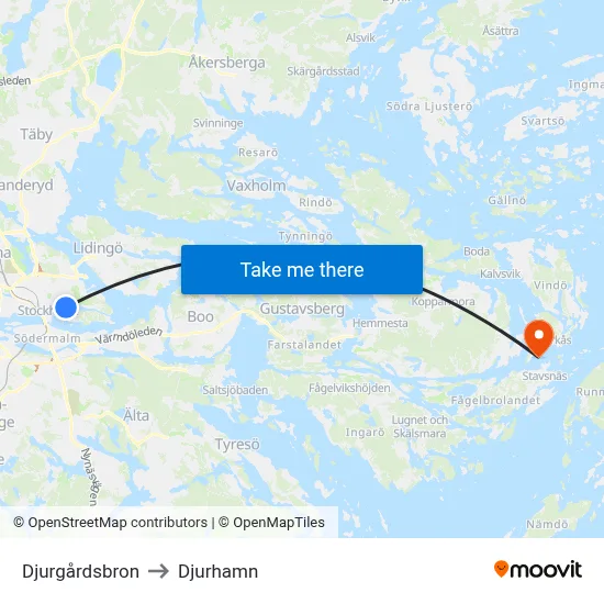 Djurgårdsbron to Djurhamn map