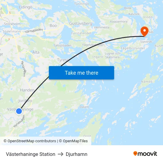 Västerhaninge Station to Djurhamn map