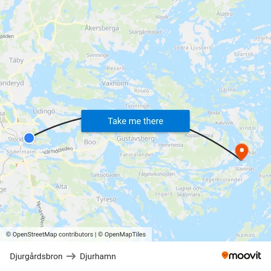 Djurgårdsbron to Djurhamn map