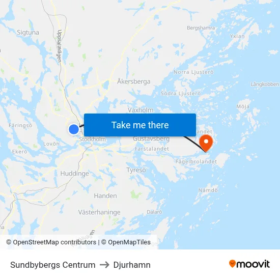 Sundbybergs Centrum to Djurhamn map