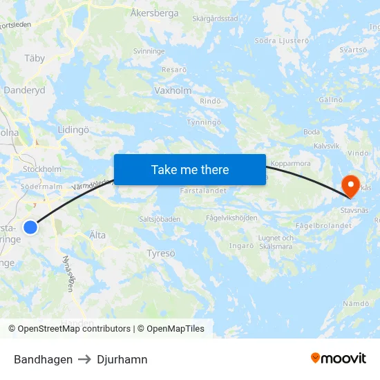 Bandhagen to Djurhamn map