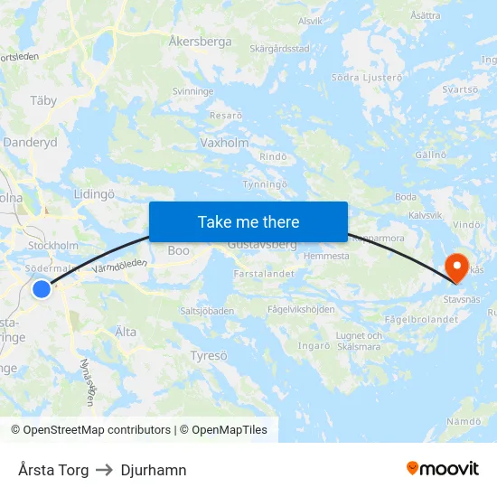 Årsta Torg to Djurhamn map