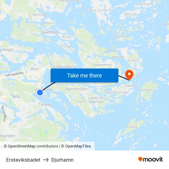 Erstaviksbadet to Djurhamn map