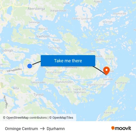 Orminge Centrum to Djurhamn map