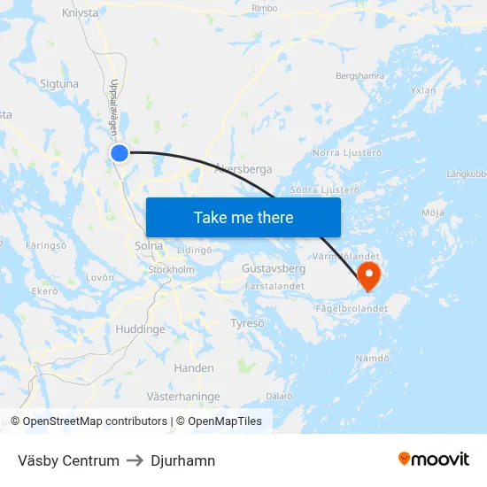 Väsby Centrum to Djurhamn map