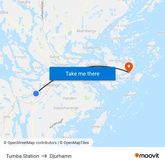 Tumba Station to Djurhamn map