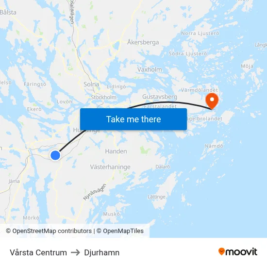 Vårsta Centrum to Djurhamn map