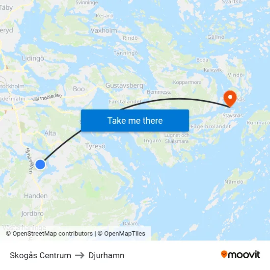 Skogås Centrum to Djurhamn map