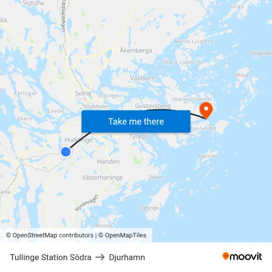 Tullinge Station Södra to Djurhamn map