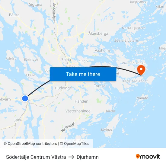 Södertälje Centrum Västra to Djurhamn map