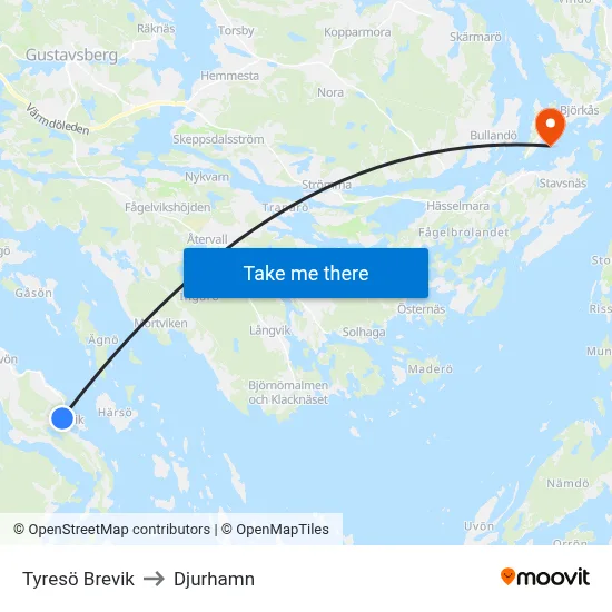 Tyresö Brevik to Djurhamn map