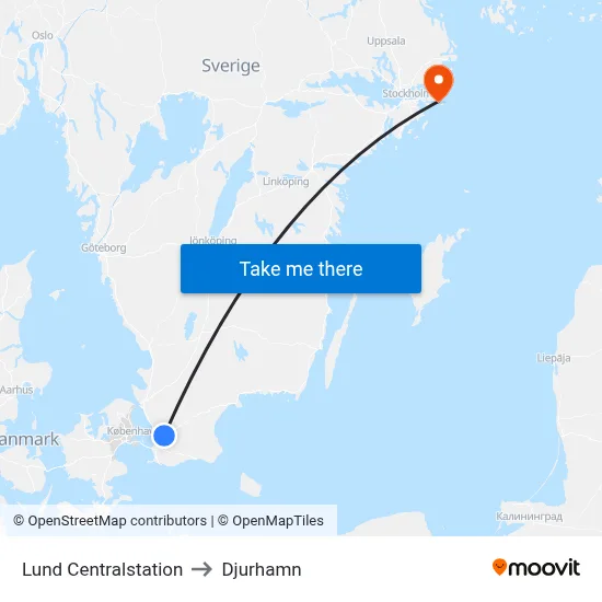 Lund Centralstation to Djurhamn map