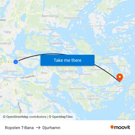 Ropsten T-Bana to Djurhamn map