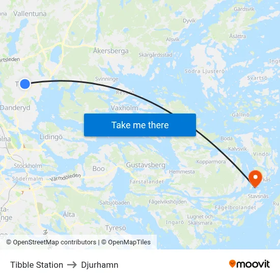Tibble Station to Djurhamn map