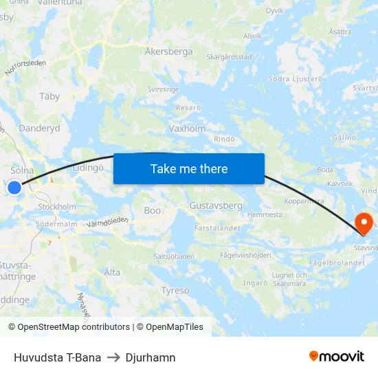 Huvudsta T-Bana to Djurhamn map