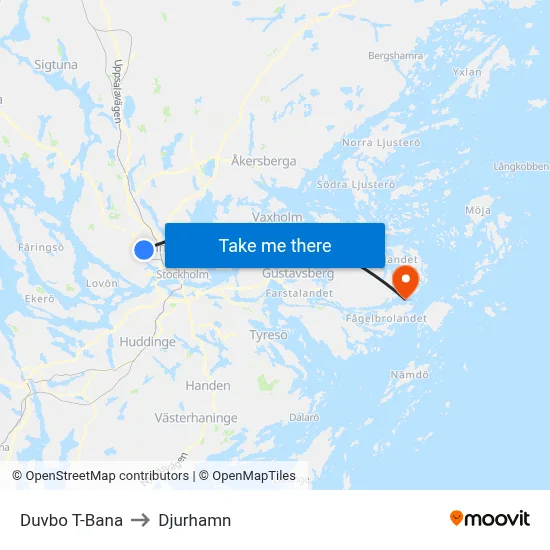 Duvbo T-Bana to Djurhamn map
