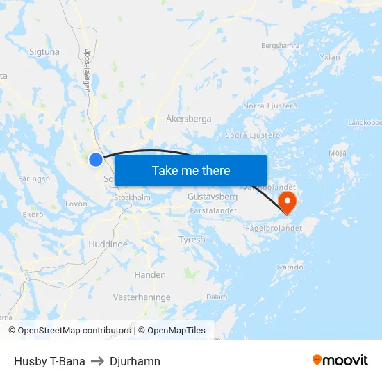 Husby T-Bana to Djurhamn map