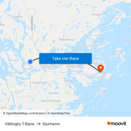 Vällingby T-Bana to Djurhamn map
