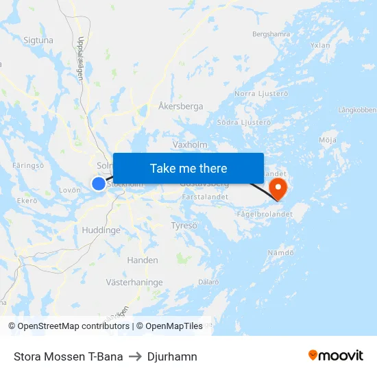 Stora Mossen T-Bana to Djurhamn map