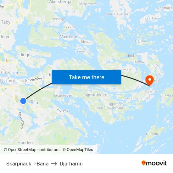 Skarpnäck T-Bana to Djurhamn map