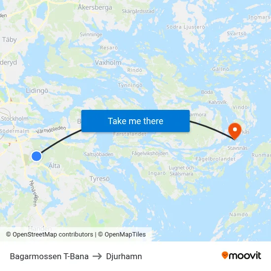 Bagarmossen T-Bana to Djurhamn map