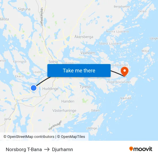 Norsborg T-Bana to Djurhamn map