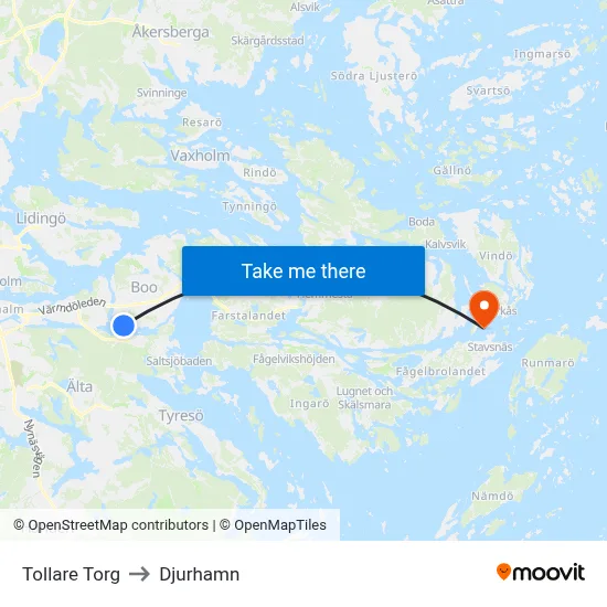 Tollare Torg to Djurhamn map