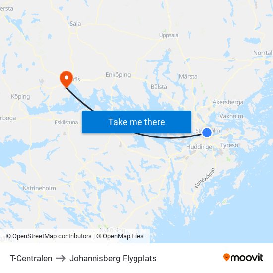 T-Centralen to Johannisberg Flygplats map