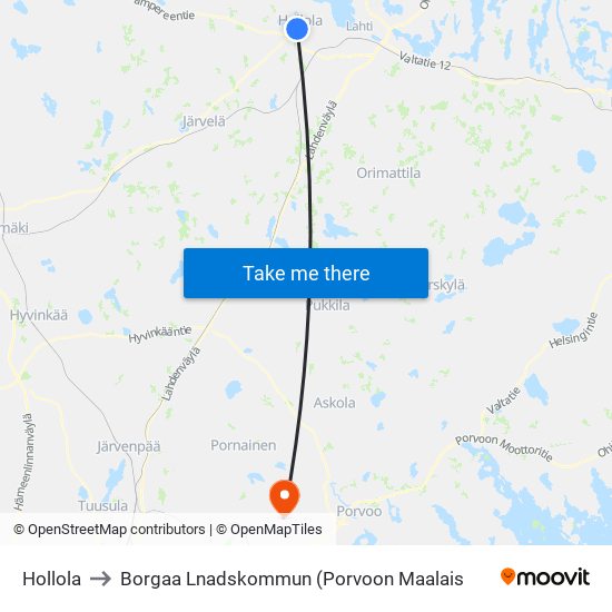 Hollola to Borgaa Lnadskommun (Porvoon Maalais map