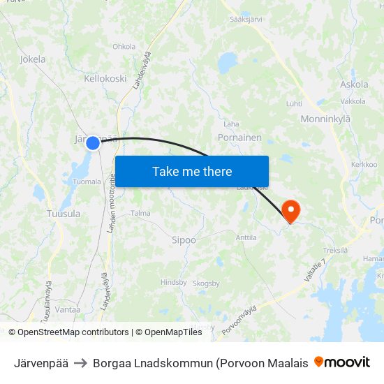 Järvenpää to Borgaa Lnadskommun (Porvoon Maalais map