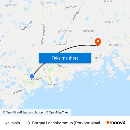 Kauniainen to Borgaa Lnadskommun (Porvoon Maalais map