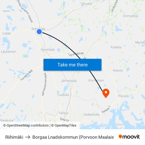 Riihimäki to Borgaa Lnadskommun (Porvoon Maalais map