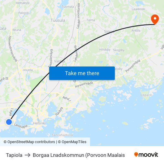 Tapiola to Borgaa Lnadskommun (Porvoon Maalais map