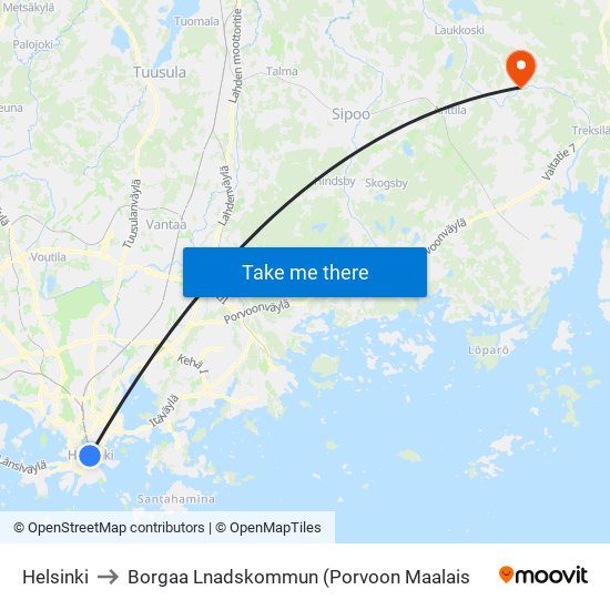 Helsinki to Borgaa Lnadskommun (Porvoon Maalais map