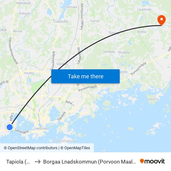 Tapiola (M) to Borgaa Lnadskommun (Porvoon Maalais map