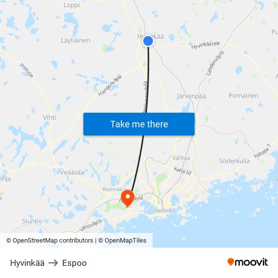 Hyvinkää to Espoo map