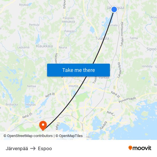 Järvenpää to Espoo map