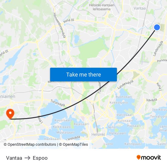 Vantaa to Espoo map