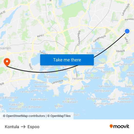 Kontula to Espoo map