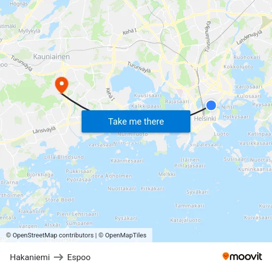 Hakaniemi to Espoo map